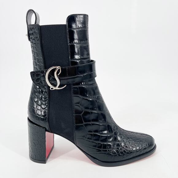 NWOB Christian Louboutin CL Chelsea Booty Black Croc Embossed Ankle Boots EU 37 - Picture 2 of 11